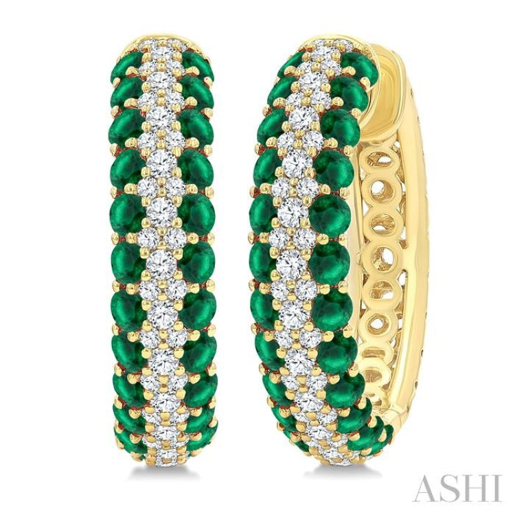 1/2 Ctw 2MM Round Cut Emerald and Round Cut Diamond Precious Hoop Earring in 14K Yellow Gold