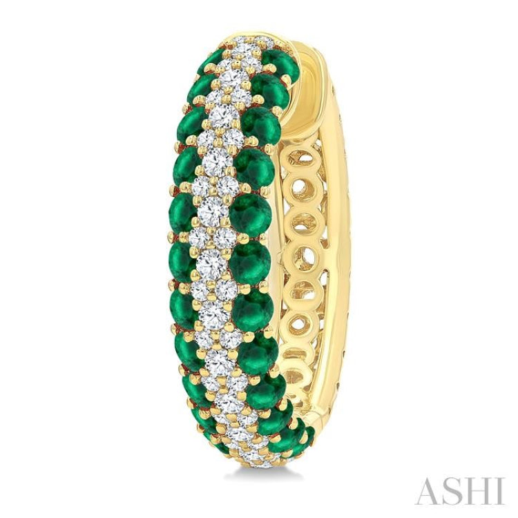 1/2 Ctw 2MM Round Cut Emerald and Round Cut Diamond Precious Hoop Earring in 14K Yellow Gold
