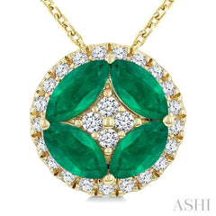 5x2.5 MM Marquise Shape Emerald and 1/6 Ctw Round Cut Diamond Fashion Precious Pendant With Chain in 10K Yellow Gold