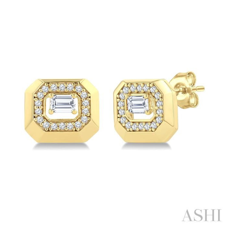 1/2 Ctw Open Window Emerald and Round Cut Golden Glow Diamond Fashion Stud Earring in 14K Yellow Gold