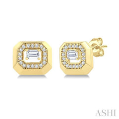 1/2 Ctw Open Window Emerald and Round Cut Golden Glow Diamond Fashion Stud Earring in 14K Yellow Gold