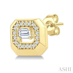 1/2 Ctw Open Window Emerald and Round Cut Golden Glow Diamond Fashion Stud Earring in 14K Yellow Gold