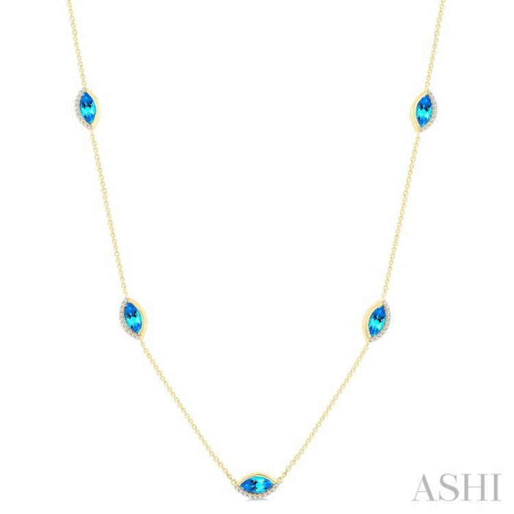 1/4 Ctw 8X4MM Marquise Cut Blue Topaz and Round Cut Diamond Station Necklace in 10K Yellow Gold