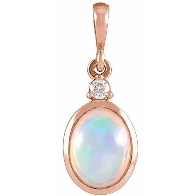 14K Rose Gold 8x6 mm Natural Ethiopian Opal & .03 CT Natural Diamond Pendant