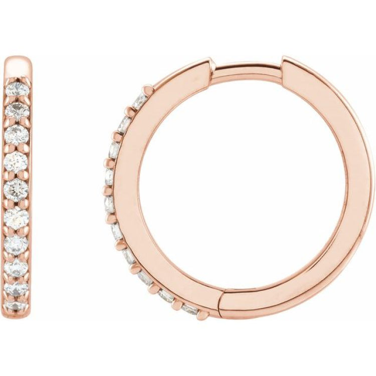 14K Rose Gold 1/6 CTW Natural Diamond Hinged 15 mm Hoop Earrings