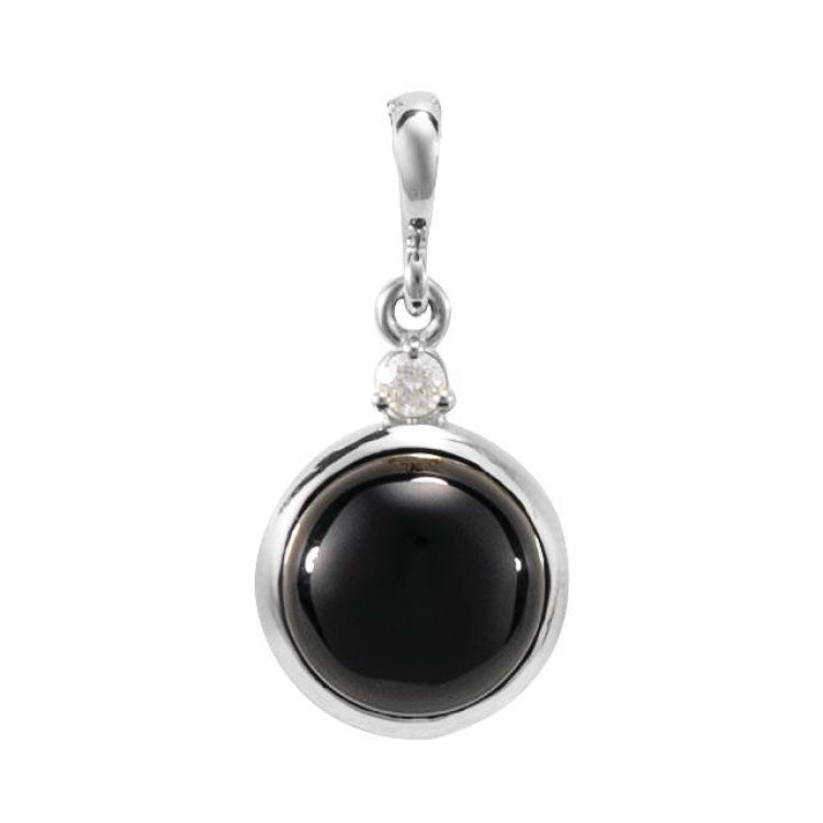 14K White Gold 8 mm Natural Black Onyx & .03 CT Natural Diamond Cabochon Pendant