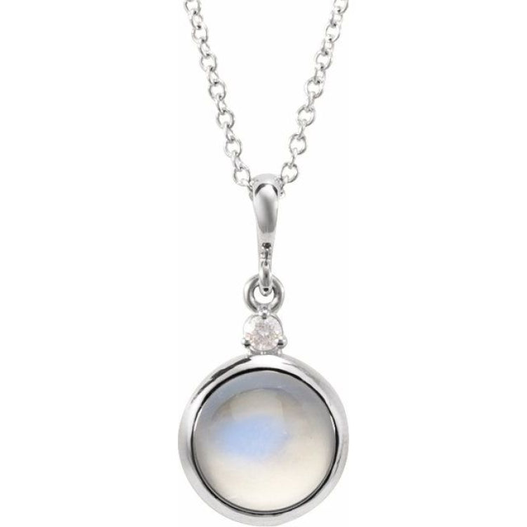 Platinum 8 mm Natural Rainbow Moonstone & .03 CT Natural Diamond Cabochon 16-18" Necklace