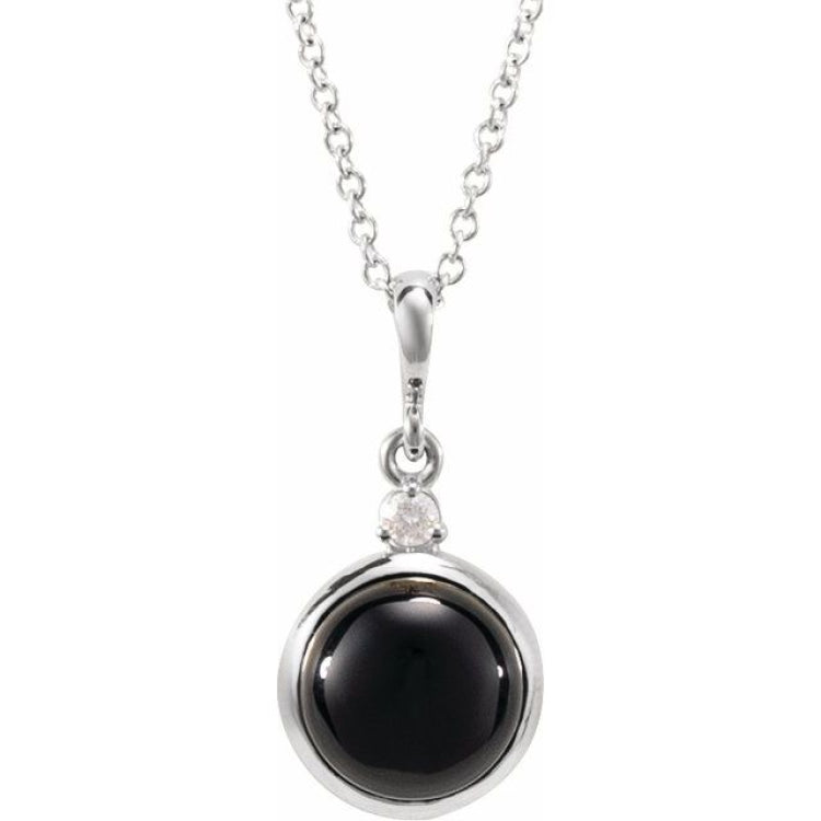 14K White Gold 8 mm Natural Black Onyx & .03 CT Natural Diamond Cabochon 16-18" Necklace
