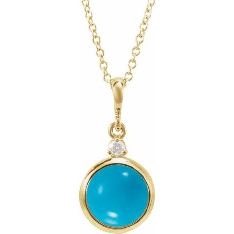 14K Yellow Gold 6 mm Natural Turquoise & .03 CT Natural Diamond Cabochon 16-18" Necklace