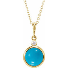 14K Yellow Gold 6 mm Natural Turquoise & .03 CT Natural Diamond Cabochon 16-18" Necklace