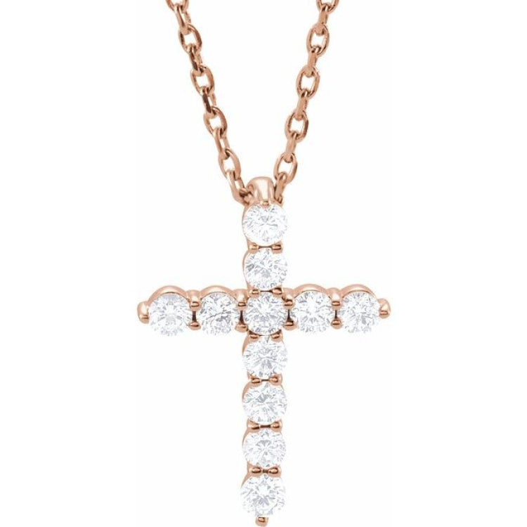 14K Rose Gold 1/4 CTW Lab-Grown Diamond Cross 16-18" Necklace