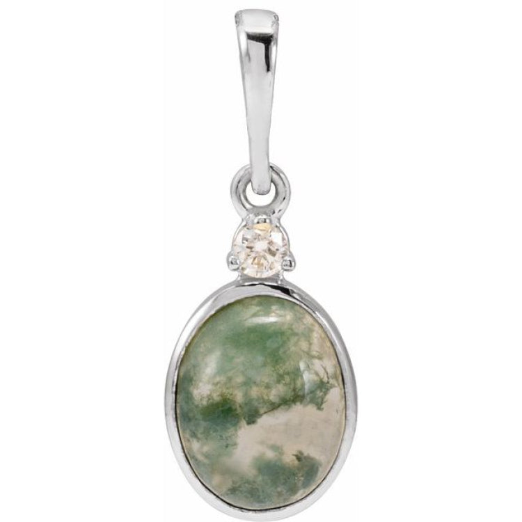 14K White Gold 8x6 mm Natural Moss Agate & .03 CTW Natural Diamond Pendant