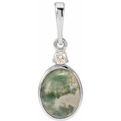 14K White Gold 8x6 mm Natural Moss Agate & .03 CTW Natural Diamond Pendant