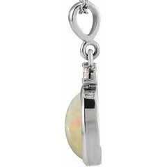 14K White Gold 12x10 mm Natural White Opal & .03 CT Natural Diamond Cabochon Pendant