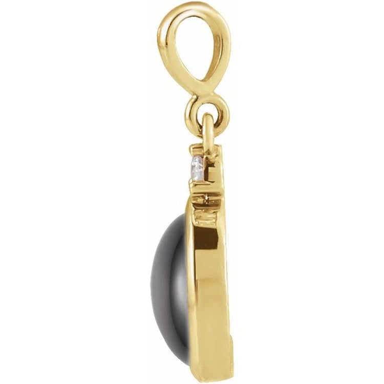 14K Yellow Gold 12x10 mm Natural Black Onyx & .03 CT Natural Diamond Cabochon Pendant