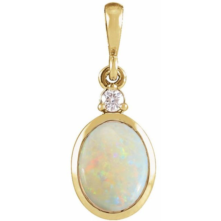 14K Yellow Gold 12x10 mm Natural White Opal & .03 CT Natural Diamond Cabochon Pendant