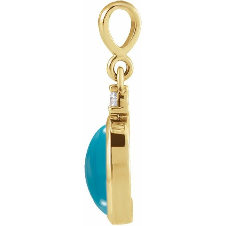 14K Yellow Gold 12x10 mm Natural Turquoise & .03 CT Natural Diamond Cabochon Pendant