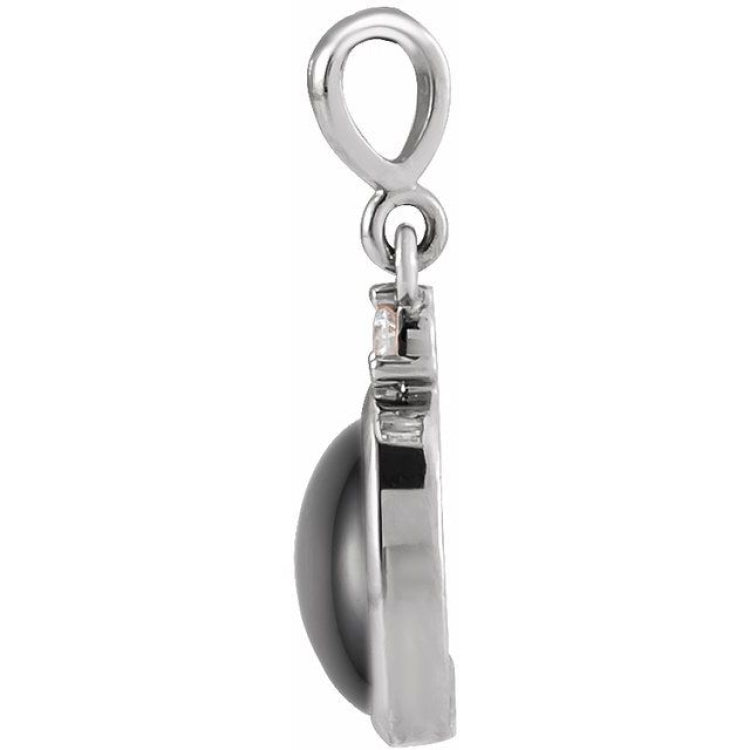 14K White Gold 12x10 mm Natural Black Onyx & .03 CT Natural Diamond Cabochon Pendant