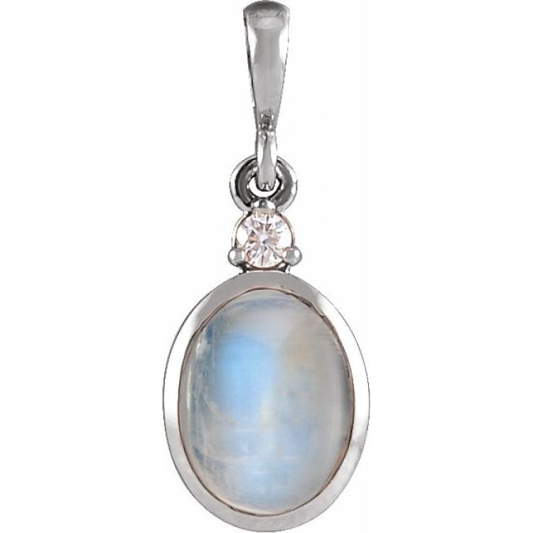 Sterling Silver 10x8 mm Natural Rainbow Moonstone & .03 CT Natural Diamond Cabochon Pendant