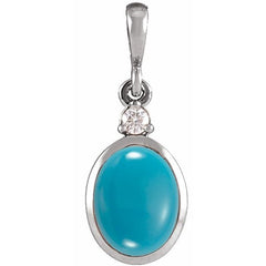 14K White Gold 9x7 mm Natural Turquoise & .03 CT Natural Diamond Cabochon Pendant