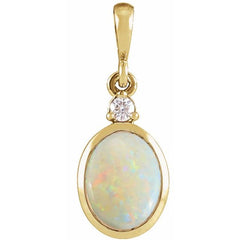 14K Yellow Gold 5x3 mm Natural White Opal & .02 CT Natural Diamond Cabochon Pendant