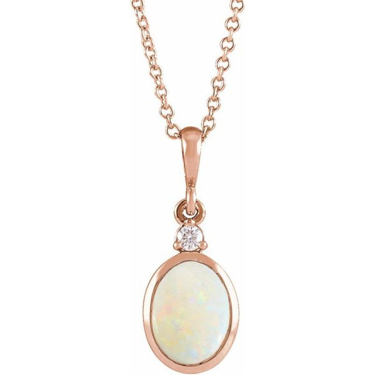 14K Rose Gold 5x3 mm Natural White Opal & .03 CT Natural Diamond 16-18" Necklace