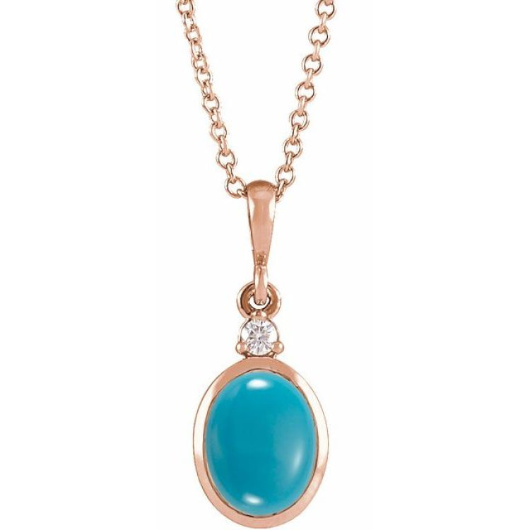 14K Rose Gold 9x7 mm Natural Turquoise & .03 CT Natural Diamond 16-18" Necklace