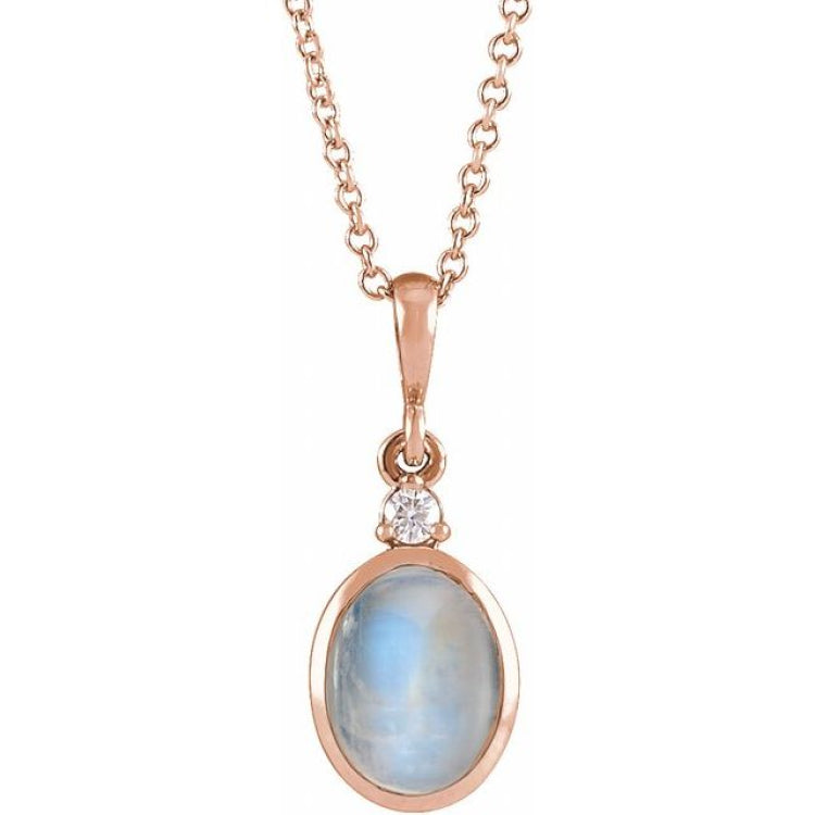 14K Rose Gold 9x7 mm Natural Rainbow Moonstone & .03 CT Natural Diamond 16-18" Necklace