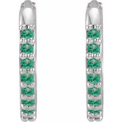 Sterling Silver Lab-Grown Emerald Hinged 12.5 mm Hoop Earrings