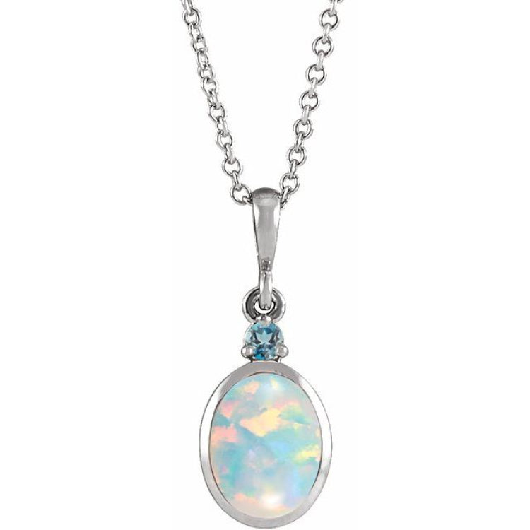 Platinum 5x3 mm Lab-Grown White Opal & Natural London Blue Topaz 16-18" Necklace