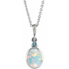Platinum 5x3 mm Lab-Grown White Opal & Natural London Blue Topaz 16-18" Necklace