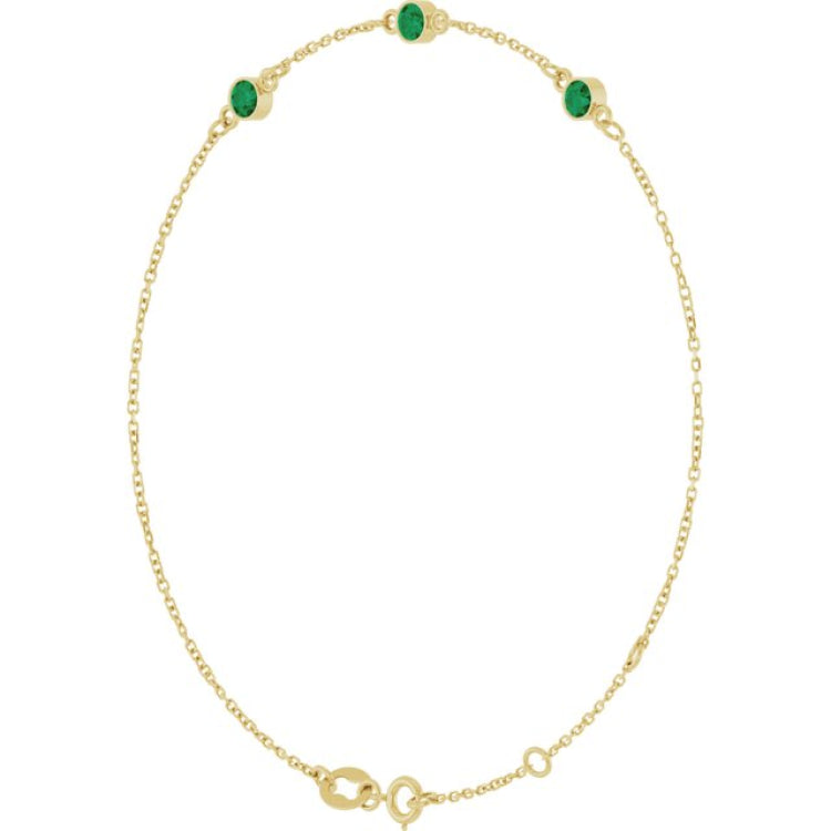 14K Yellow Gold Lab-Grown Emerald Bezel-Set 3-Stone 6 1/2-7 1/2" Bracelet