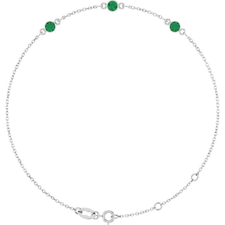 14K White Gold Lab-Grown Emerald Bezel-Set 3-Stone 6 1/2-7 1/2" Bracelet