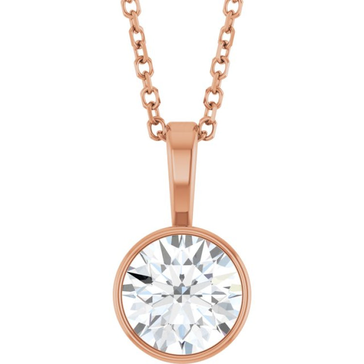 14K Rose Gold 9/10 CT Natural Diamond Bezel-Set Solitaire 16-18" Necklace