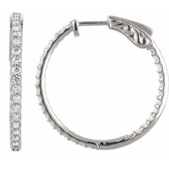 14K White Gold 1 CTW Natural Diamond Inside-Outside 26.5 mm Hinged Hoop Earrings