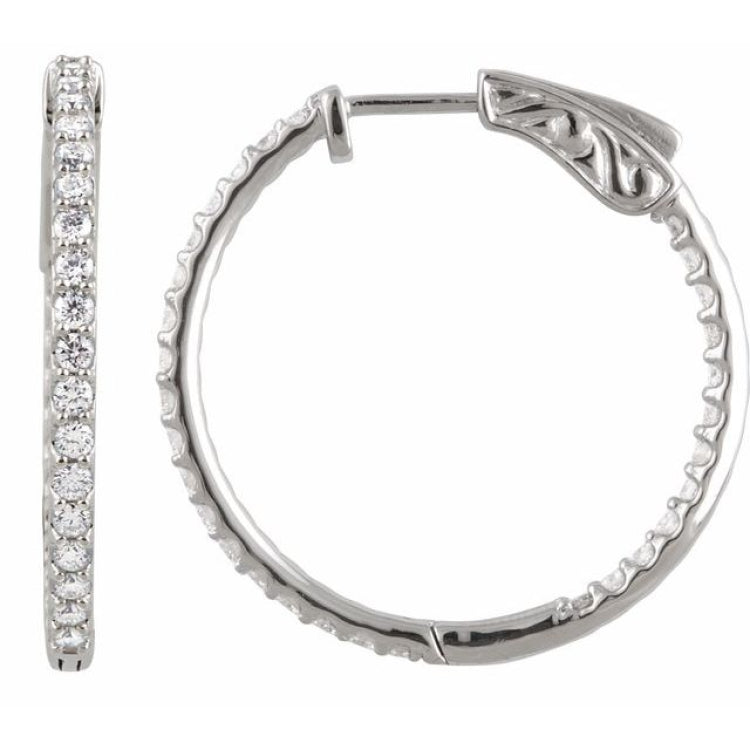 Sterling Silver Imitation White Cubic Zirconia Inside-Outside 26.5 mm Hinged Hoop Earrings