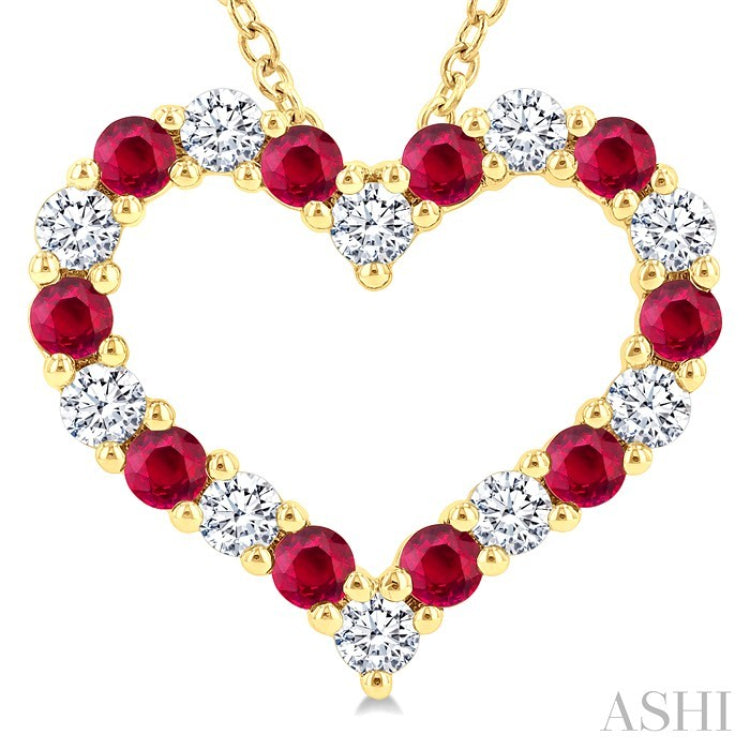 2.3 MM Round Cut Ruby and 1/2 Ctw Open Heart Round Cut Diamond Precious Fashion Pendant With Chain in 14K Yellow Gold