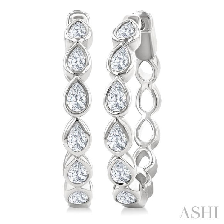 1 Ctw Bezel Set Pear Cut Diamond Fashion Hoop Earring in 14K White Gold