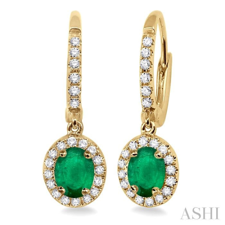 5x3 MM Oval Cut Emerald and 1/4 Ctw Round Cut Diamond Earrings in 14K Yellow Gold