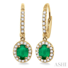 5x3 MM Oval Cut Emerald and 1/4 Ctw Round Cut Diamond Earrings in 14K Yellow Gold