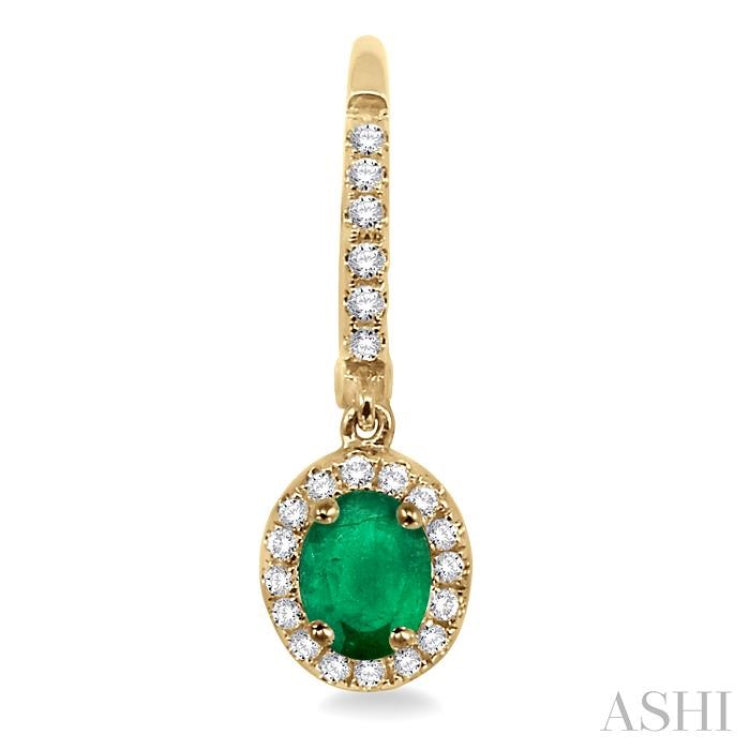 5x3 MM Oval Cut Emerald and 1/4 Ctw Round Cut Diamond Earrings in 14K Yellow Gold
