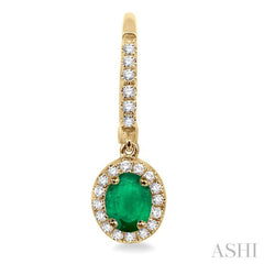 5x3 MM Oval Cut Emerald and 1/4 Ctw Round Cut Diamond Earrings in 14K Yellow Gold