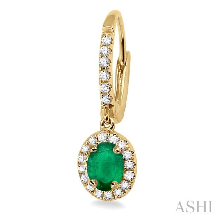 5x3 MM Oval Cut Emerald and 1/4 Ctw Round Cut Diamond Earrings in 14K Yellow Gold