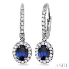 5x3 MM Oval Cut Sapphire and 1/4 Ctw Round Cut Diamond Earrings in 14K White Gold