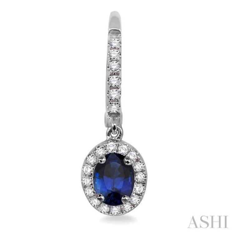 5x3 MM Oval Cut Sapphire and 1/4 Ctw Round Cut Diamond Earrings in 14K White Gold