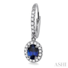 5x3 MM Oval Cut Sapphire and 1/4 Ctw Round Cut Diamond Earrings in 14K White Gold