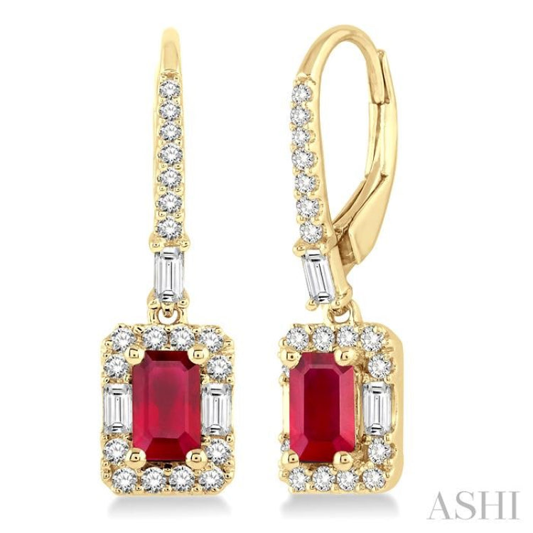 5x3 MM Octagon Cut Ruby and 1/2 Ctw Round Cut Diamond Precious Earrings in 14K Yellow Gold