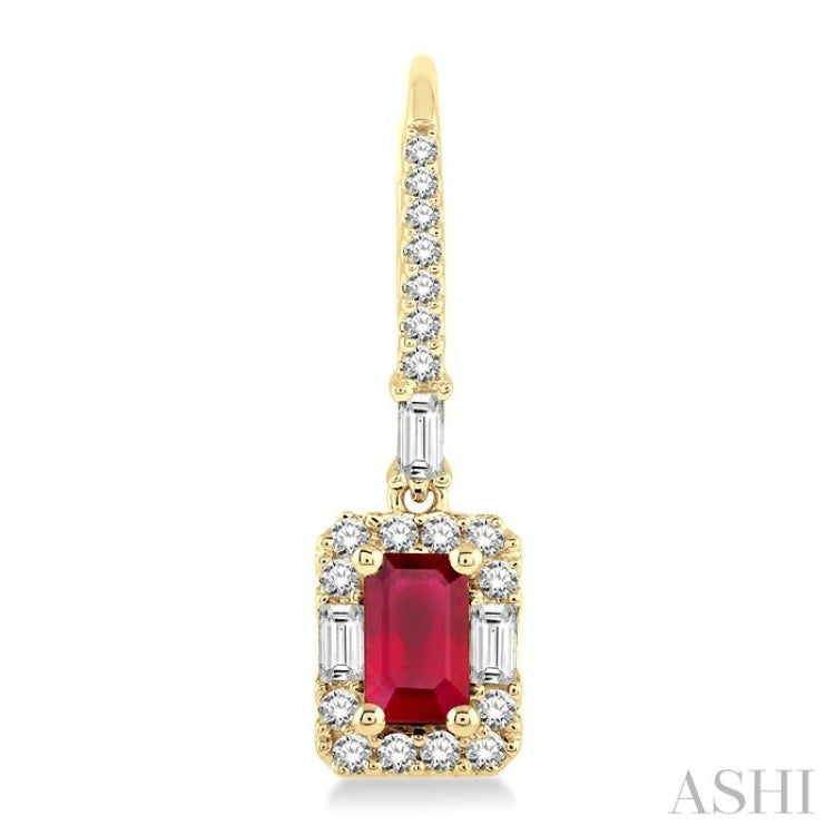5x3 MM Octagon Cut Ruby and 1/2 Ctw Round Cut Diamond Precious Earrings in 14K Yellow Gold