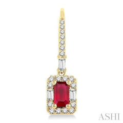 5x3 MM Octagon Cut Ruby and 1/2 Ctw Round Cut Diamond Precious Earrings in 14K Yellow Gold