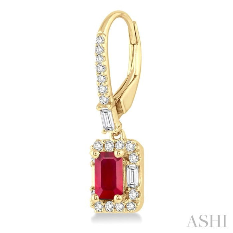 5x3 MM Octagon Cut Ruby and 1/2 Ctw Round Cut Diamond Precious Earrings in 14K Yellow Gold